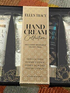 Ellen Tracy Hand Cream, four scents in a velvet tray